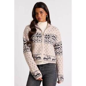 Lulus Sevenna Beige Fair Isle Zip-front Cardigan Sweater White - Size L